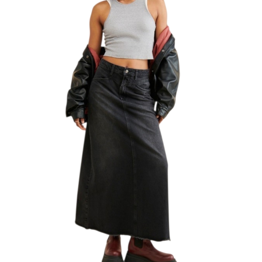 We The Free Come As You Are Denim Maxi Skirt Black A-Line Raw Hem Size 6 NWOT